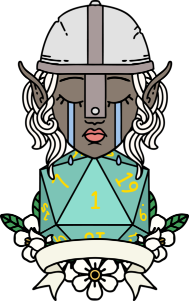 Retro Dövme Tarzı Ağlayan Elf Savaşçısı karakteri yüzü ve bir insan tarafından çizilmiş D20 rulosu.