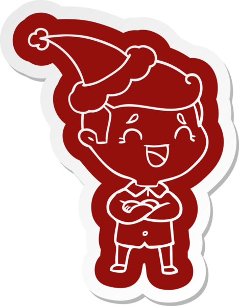 Bir insan tarafından çizilmiş Noel Baba şapkası giyen, gülen bir adamın garip çizgi film etiketi.