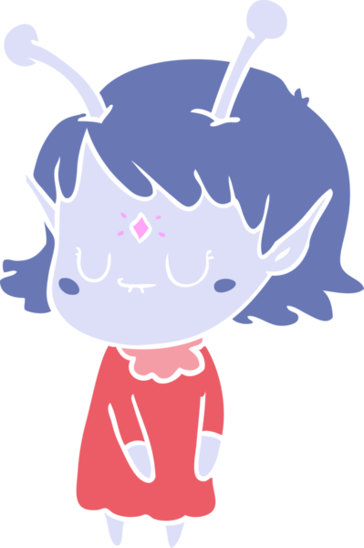 Bir insan tarafından çizilmiş düz renkli uzaylı kız çizgi filmi.