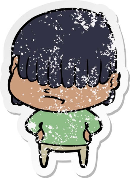 Bir insan tarafından çizilmiş dağınık saçlı bir çizgi film çocuğunun sıkıntılı çıkartması.