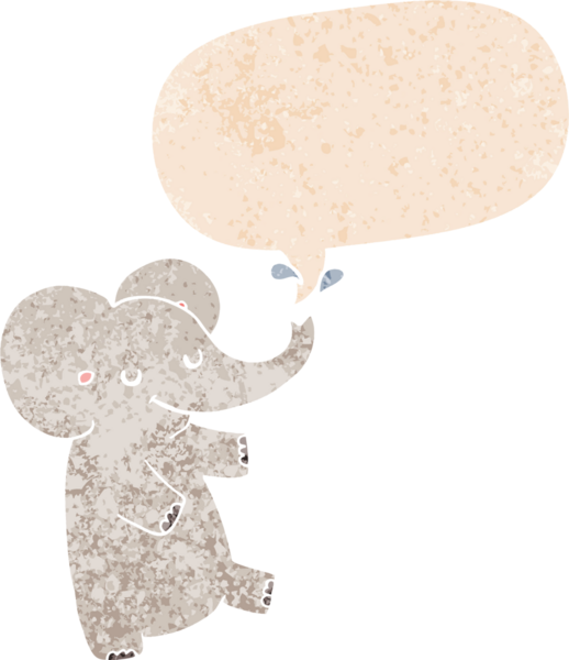 Konuşan baloncuklu çizgi film fili dertli eski moda bir insan tarafından çizilmiş.