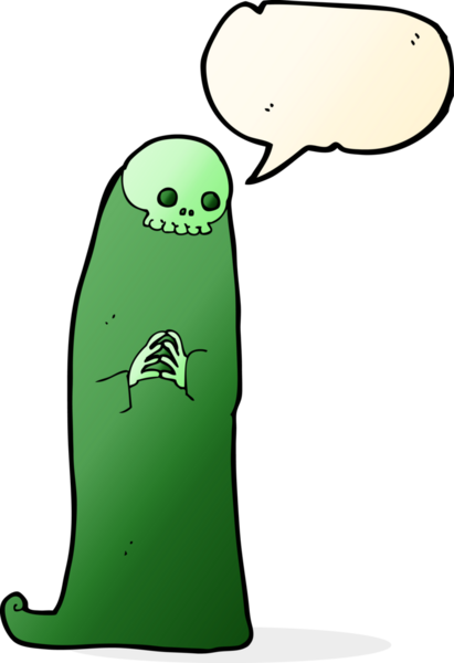 Bir insan tarafından çizilmiş konuşma balonlu cadılar bayramı hortlağı çizgi filmi.