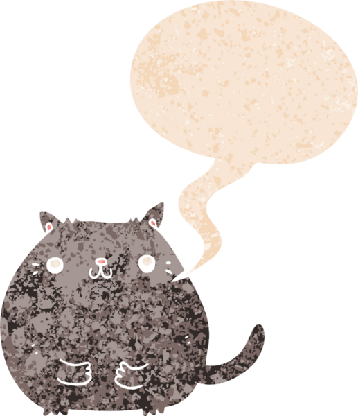 grunge 'da konuşma balonu olan çizgi film kedisi bir insan tarafından çizilmiş dertli retro desenli