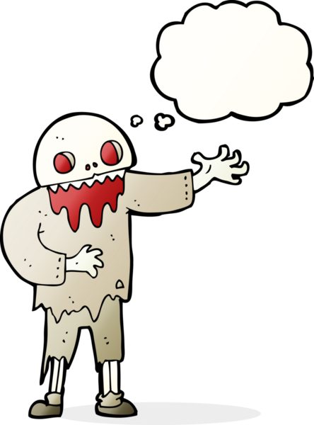 Bir insan tarafından çizilmiş düşünce baloncuklu tuhaf zombi çizgi filmi.