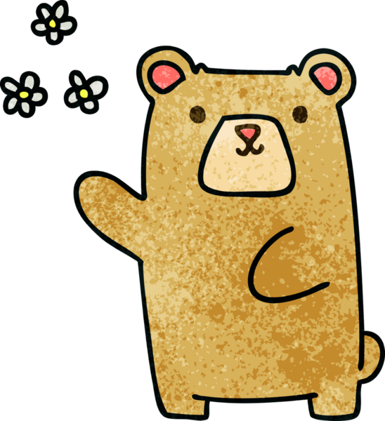 Bir insan tarafından çizilmiş garip bir çizgi film ayısı ve çiçekler.