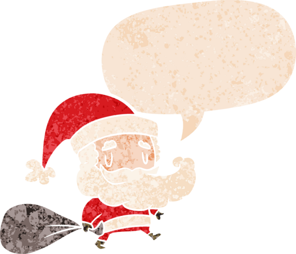 Çizgi film Noel Baba, içinde konuşma balonu olan bir çuval ve bir insan tarafından çizilmiş dertli retro tarzı.