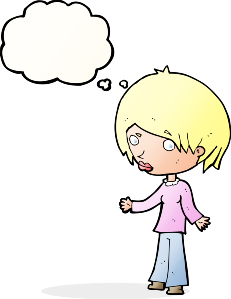 Bir insan tarafından çizilmiş düşünce baloncuğu olan kafası karışık bir kadın çizgi filmi.