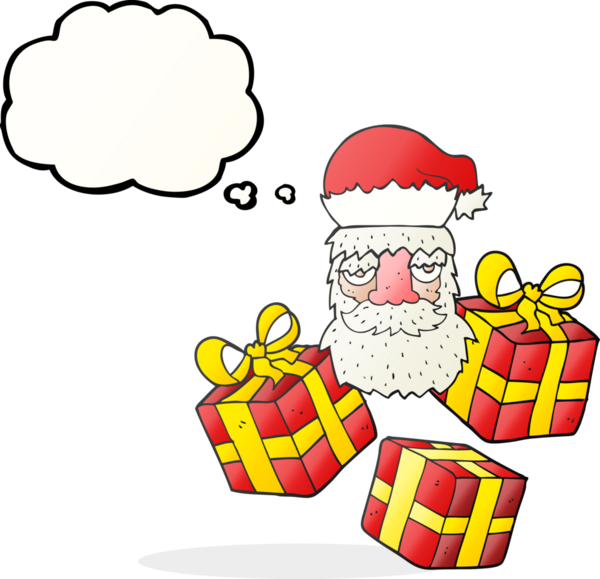 El yazısıyla çizilmiş düşünce balonu çizgi filmi yorgun Noel Baba yüzü ve bir insan tarafından çizilmiş hediyeler.