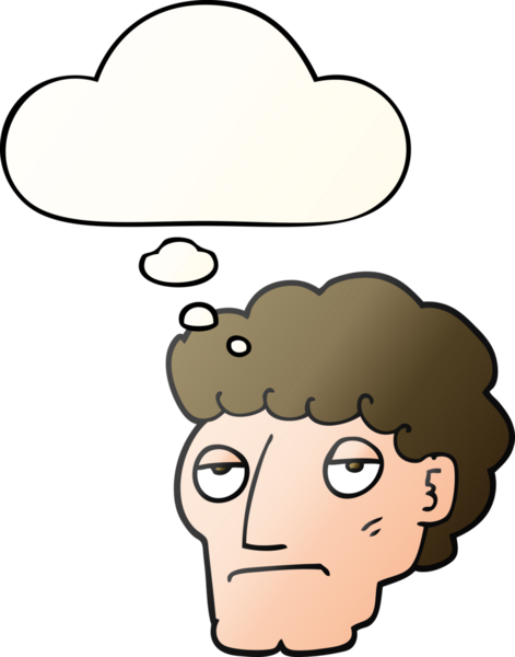 Bir insan tarafından çizilmiş yumuşak eğimli düşünce baloncuğu ile sıkılmış çizgi film adamı