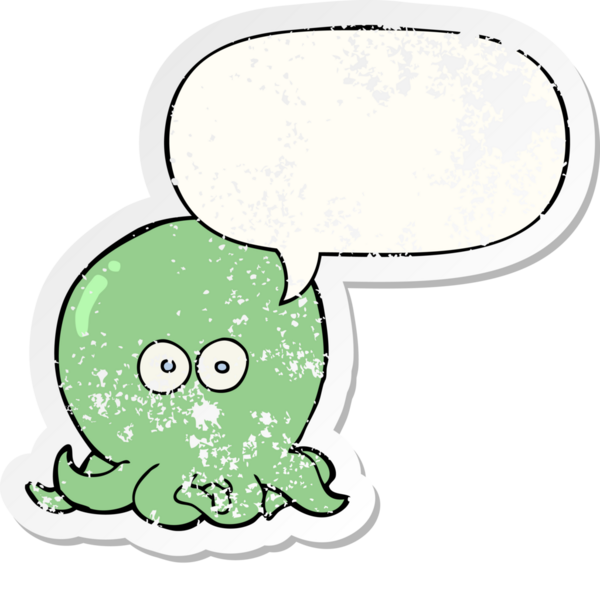 Bir insan tarafından çizilmiş, sıkıntılı, eski bir çıkartma olan, konuşma baloncuklu ahtapot.