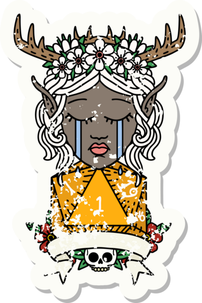 Retro Dövme Tarzı Üzgün Elf Karakteri Yüzü Doğal bir D20 ruloyla Bir insan tarafından çizilmiş