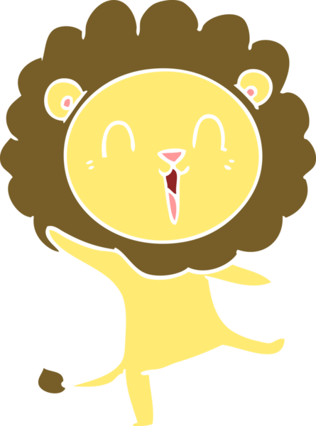 Gülen aslan düz renkli çizgi film bir insan tarafından çizildi.