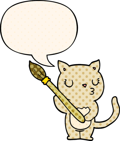 Bir insan tarafından çizilmiş çizgi roman tarzında konuşma balonu olan sevimli bir çizgi film kedisi.