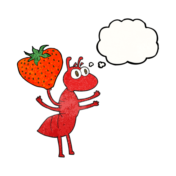 Serbest çizim düşünce baloncuğu desenli karınca insan tarafından çizilmiş yiyecekleri taşıyor.