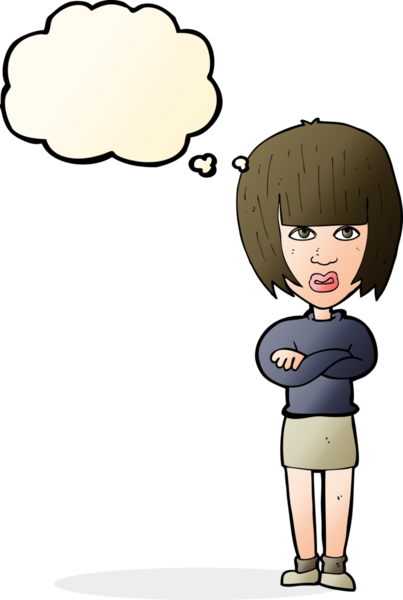 Bir insan tarafından çizilmiş düşünce baloncuğuyla rahatsız bir kadın.