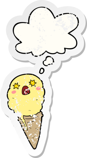 Karikatür, insan tarafından çizilmiş yıpranmış bir çıkartma gibi düşünce baloncuklu dondurmayı şok etti.