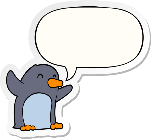 Bir insan tarafından çizilmiş konuşma kabarcığı çıkartmalı çizgi film pengueni heyecanlandırdı