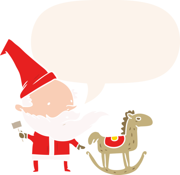 karikatür noel baba (veya elf) bir insan tarafından çizilmiş konuşma baloncuğu ile sallanan bir at yapıyor.