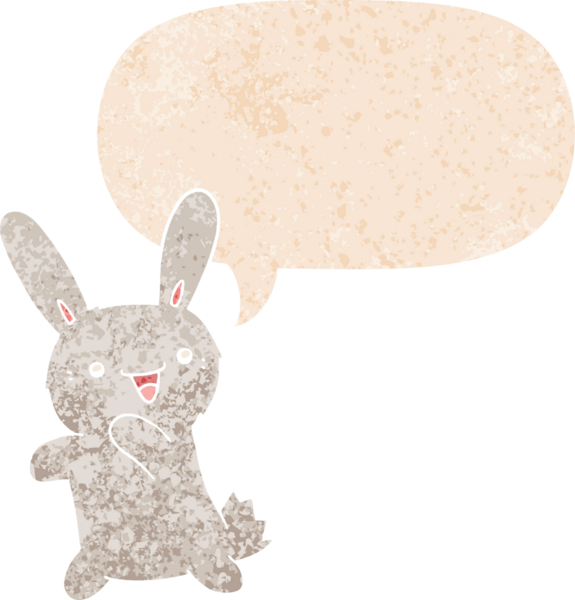 Konuşma baloncuğu olan çizgi film tavşanı bir insan tarafından çizilmiş dertli retro tarzı