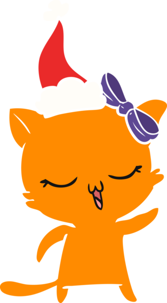 El çizimi düz renkli, başı fiyonklu bir kedi Noel Baba şapkası giymiş bir insan tarafından çizilmiş.