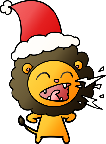 Bir insan tarafından çizilmiş Noel Baba şapkası giyen kükreyen bir aslanın el çizimi karikatürü.