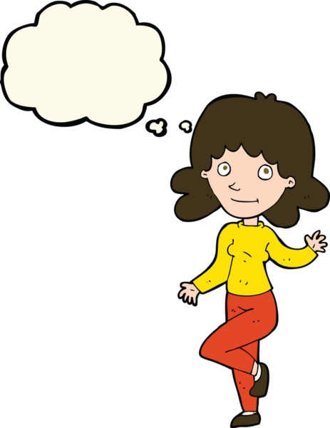 Karikatür dostu kadın bir insan tarafından çizilmiş düşünce balonuyla el sallıyor.