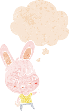 Düşünce baloncuklu çizgi film tavşanı grunge dertli eski moda bir insan tarafından çizilmiş.