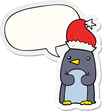 Bir insan tarafından çizilmiş konuşma balonu çıkartmalı şirin bir Noel pengueni.