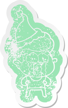 Bir insan tarafından çizilmiş Noel Baba şapkası takan ağlayan bir adamın garip karikatürü.