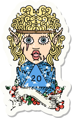 Bir insan tarafından çizilmiş doğal yirmi zarlı barbar bir elf karakterinin grunge çıkartması.