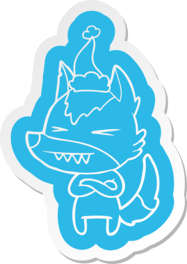 Kızgın kurt çizgi film çıkartması. Bir insan tarafından çizilmiş Noel Baba şapkası.