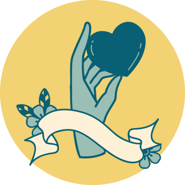 Bir insan tarafından çizilmiş kalbi tutan bir el sancağıyla dövme tarzı simgesi