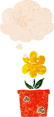 Düşünce baloncuklu karikatür bitkisi grunge sıkıntılı retro desenli bir insan tarafından çizilmiş