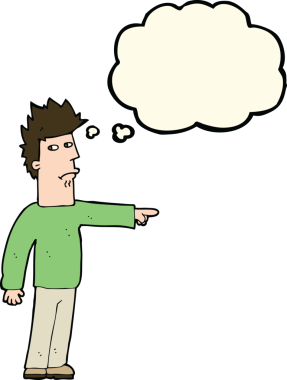 Bir insan tarafından çizilen düşünce baloncuğuyla işaret eden çizgi film adamı.