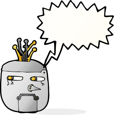 bir insan tarafından çizilmiş konuşma balonlu robot kafası.