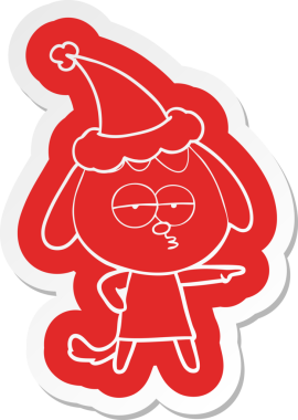 Bir insan tarafından çizilmiş Noel Baba şapkası takan sıkılmış bir köpeğin garip çizgi film çıkartması.