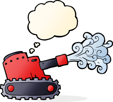 Bir insan tarafından çizilmiş düşünce baloncuklu ordu tankı.