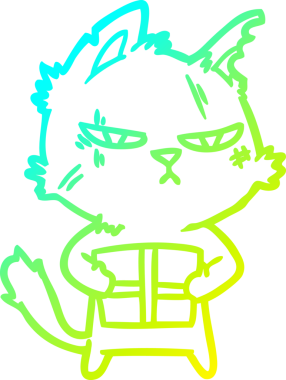 Sert bir çizgi film kedisinin soğuk gradyan çizimi. Bir insan tarafından çizilmiş noel hediyesi.