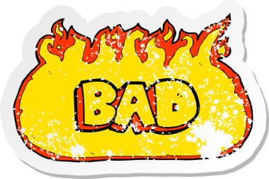 Bir insan tarafından çizilmiş alevli kötü bir işaretin gerilemiş retro yapıştırması
