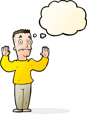 Bir insan tarafından çizilmiş düşünce baloncuğuyla teslim olan bir çizgi film adamı.