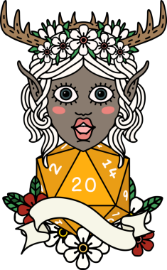 Retro Dövme Tarzı Elf Druid Bir insan tarafından çizilmiş doğal yirmi zar ile