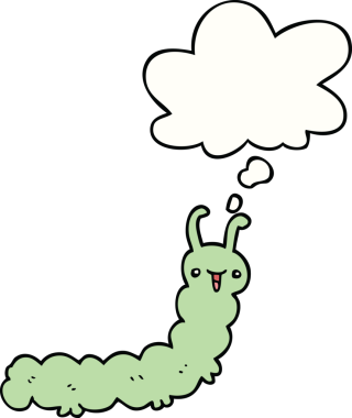 Bir insan tarafından çizilmiş düşünce baloncuklu çizgi film tırtılı.