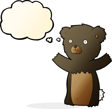 Bir insan tarafından çizilmiş düşünce baloncuğu olan sevimli çizgi film kara ayısı.