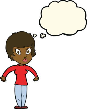 Bir insan tarafından çizilmiş düşünce baloncuğuyla omuz silken çizgi film kadını.