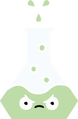 Bir insan tarafından çizilmiş bir bilim şişesinin düz renkli retro karikatürü