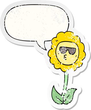 Konuşma baloncuğu olan karikatür çiçeği bir insan tarafından çizilmiş sıkıntılı eski bir çıkartma