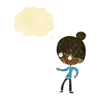 Bir insan tarafından çizilmiş düşünce balonuyla işaret eden çizgi film kadını.