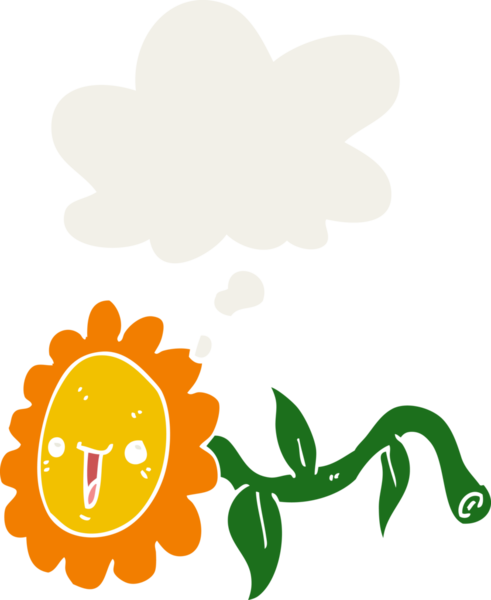 Düşünce baloncuğu olan karikatür çiçeği insan tarafından çizilmiş.