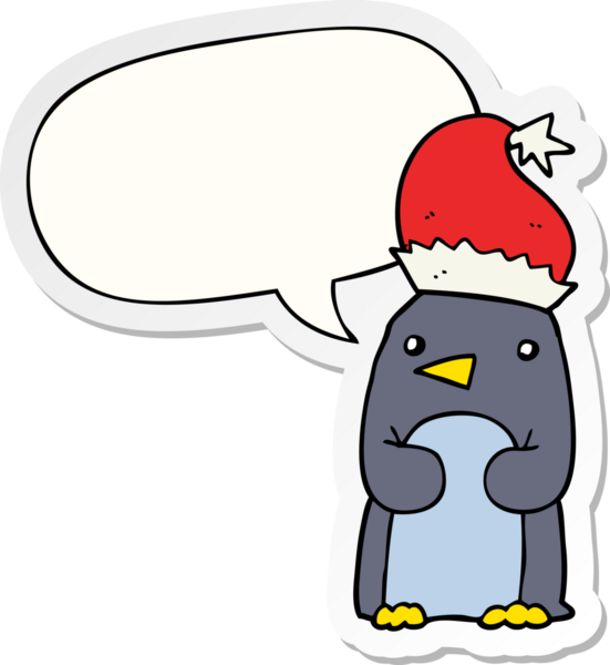 Bir insan tarafından çizilmiş konuşma balonu çıkartmalı şirin bir Noel pengueni.