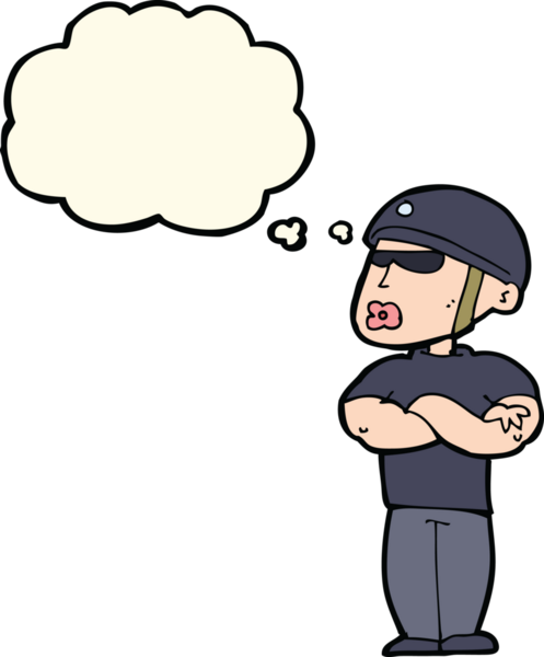 Bir insan tarafından çizilmiş düşünce kabarcığı olan çizgi film güvenlik görevlisi.